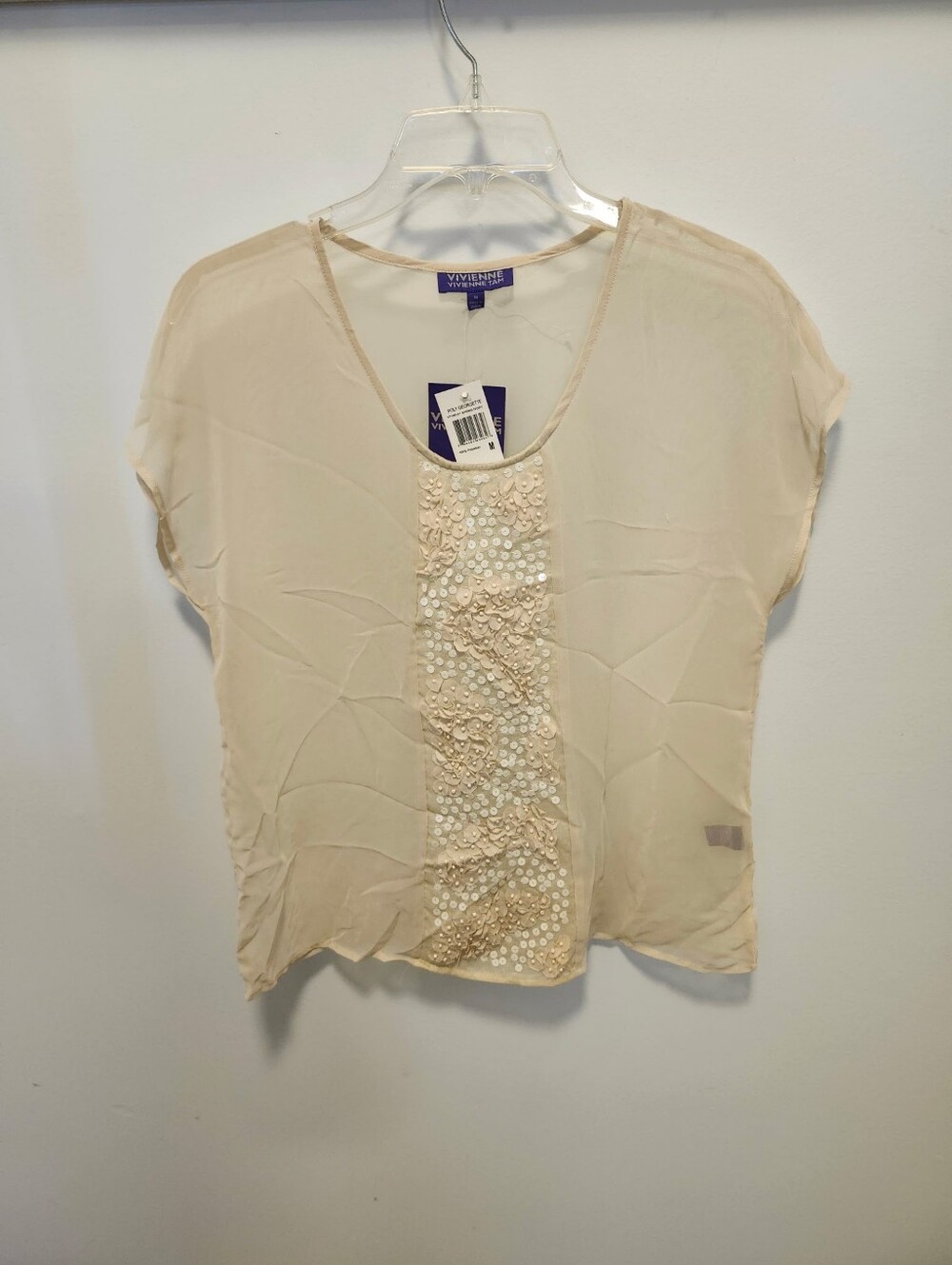 Vivienne Tam Cream Sequin-Trim Shear Top